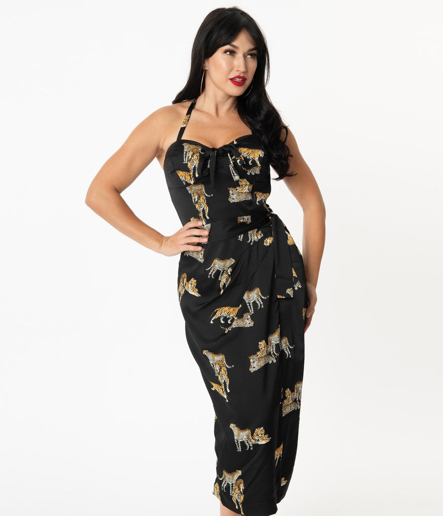 Unique Vintage Black \u0026 Wild Cat Print Leilani Sarong Dress